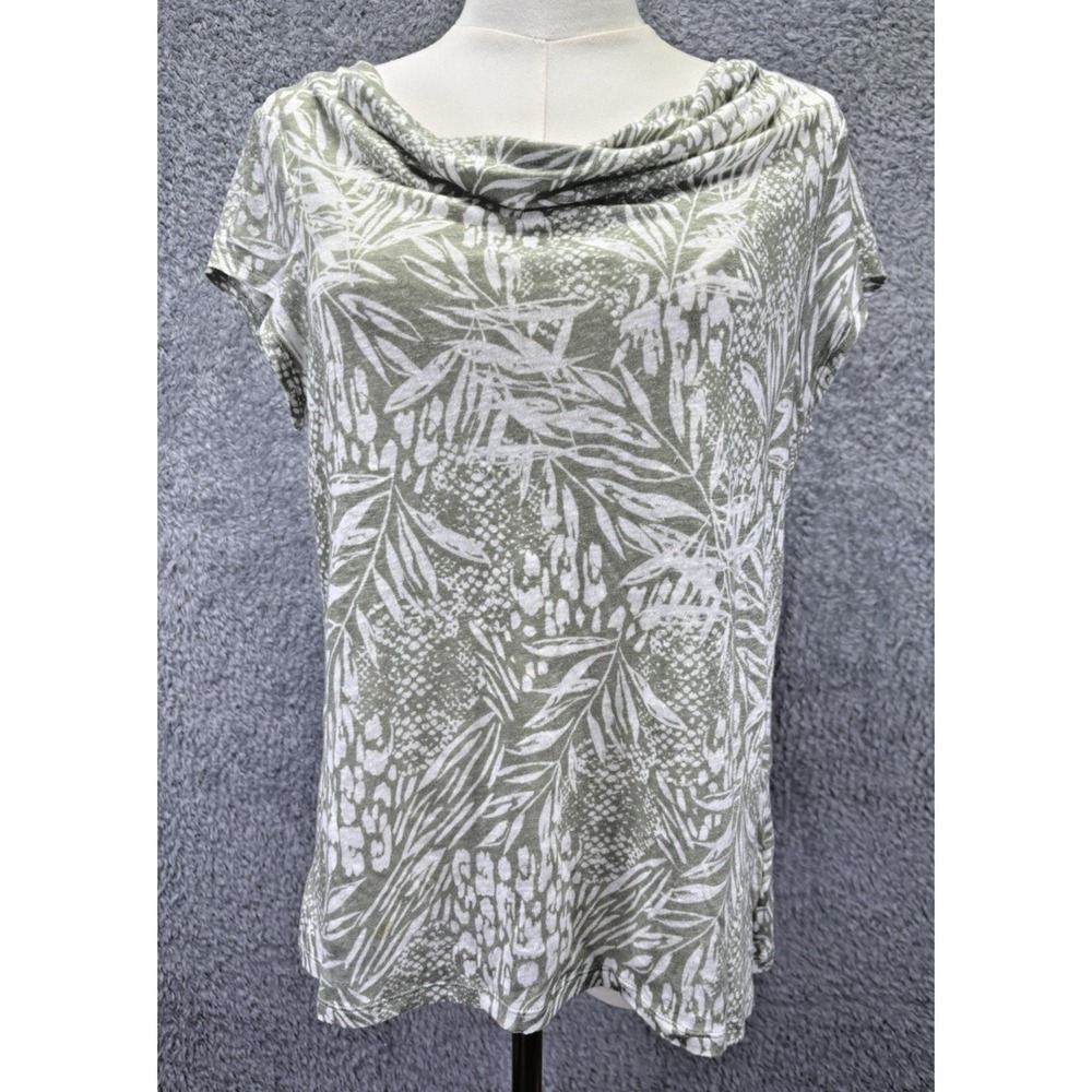 Christian Siriano Womens L Linen Top Green Cowl Neck Short Sleeve Coastal Boho